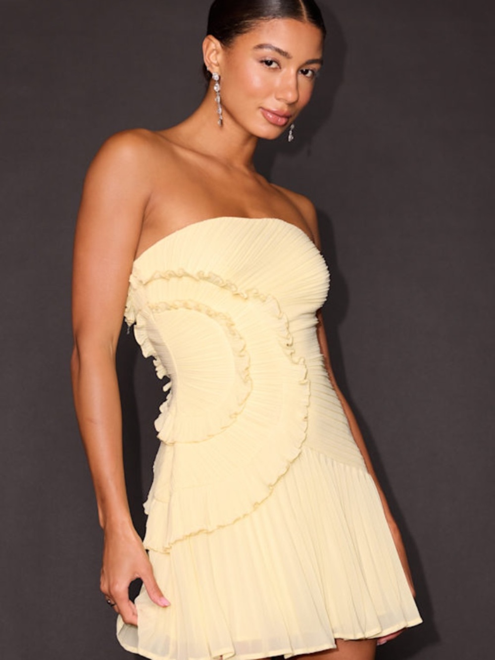 Lulus Brylee Butter Yellow Pleated Ruffled Strapless Mini Dress - Size XS
